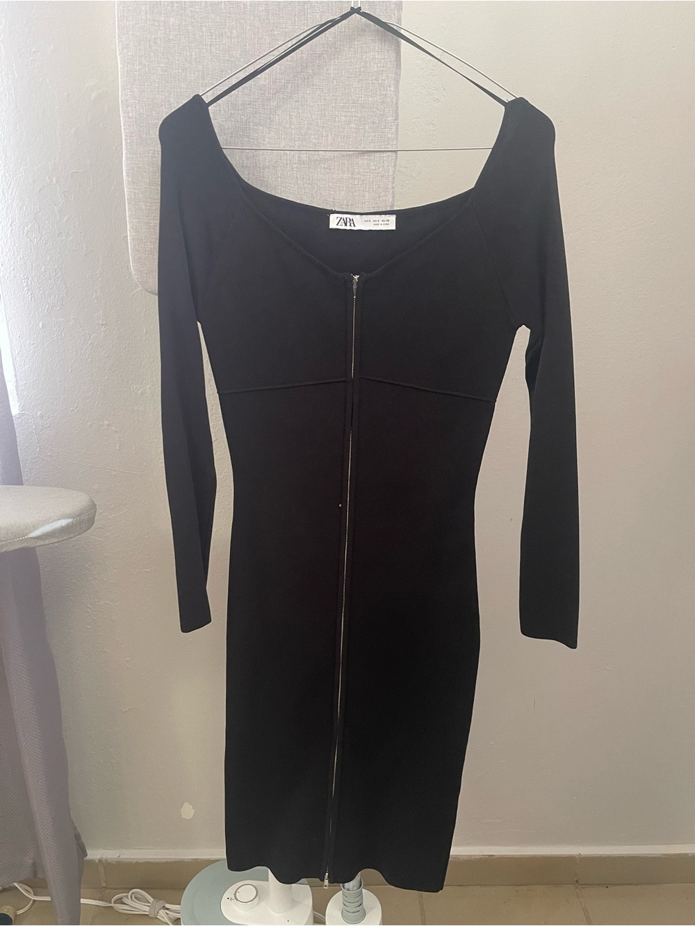 Zara Black Long-Sleeve Front-Zip Bodycon Dress